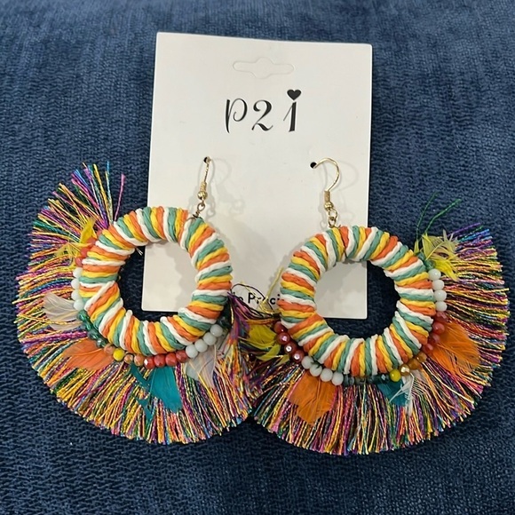 P21 Jewelry - P21 Women’s Handmade Feather Fringe Circular Earrings Multicolor Boho Artisanal